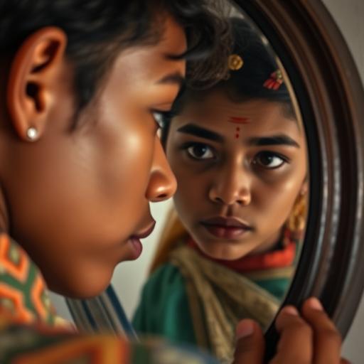 Close-up portrait of a person looking into a mirror reflecting self-growth