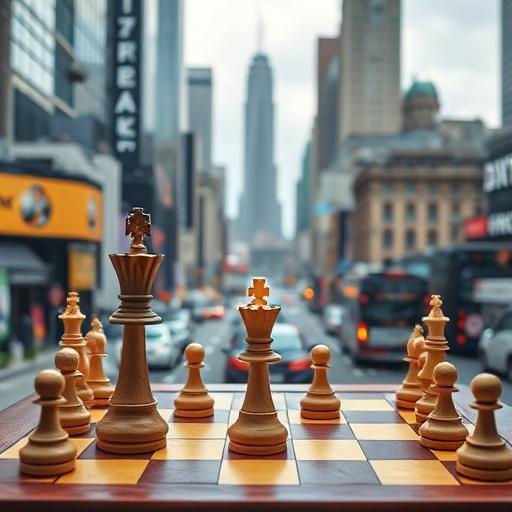 Chessboard symbolizing strategic moves amidst an urban landscape