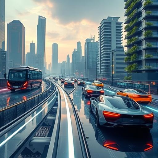 A futuristic cityscape filled with sleek, cutting-edge fashion innovations