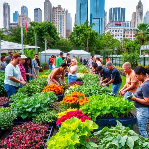 A bustling urban community garden scene symbolizing growth and productivity.