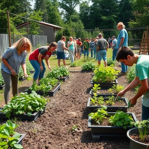 A dynamic scene capturing a community garden busy with activity