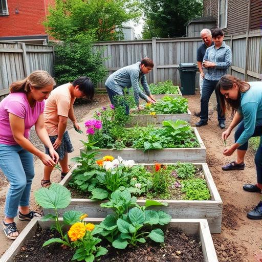 A community urban garden with diverse individuals, reflecting unity and collaboration in self-discovery.