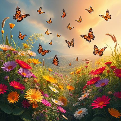 Vibrant surreal garden with blooming flowers – symbolizing creativity and flourishing