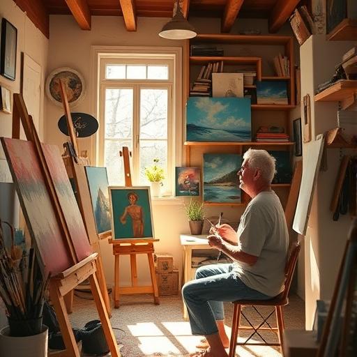 Cozy artist studio bathed in warm sunlight symbolizing creativity