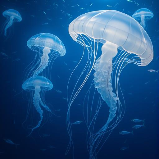 A surreal underwater scene featuring glowing jellyfish, symbolizing the fluidity and adaptability needed in content creation.