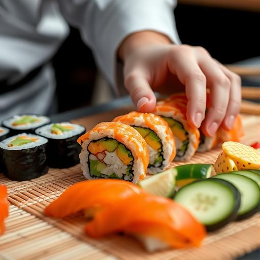 A sushi chef skillfully preparing sushi, symbolizing patience and creativity in the kitchen.