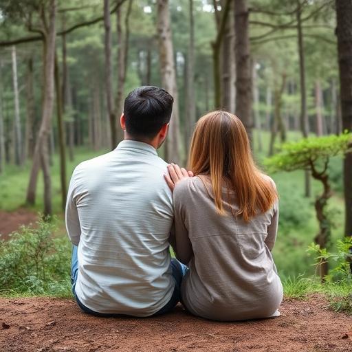 A couple sitting together at the edge of a forest