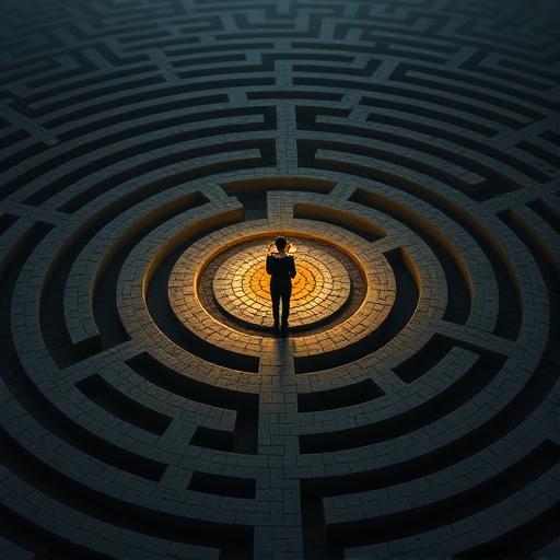A solitary figure navigating a labyrinth representing goal setting and direction