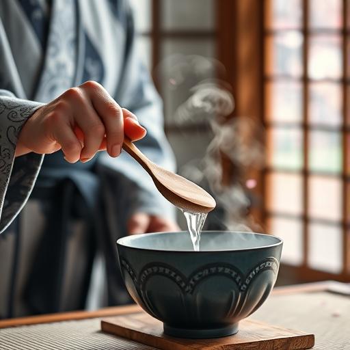 A close-up of a Japanese tea master in a kimono