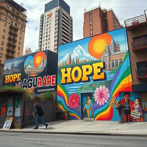 Urban landscape transforming into a colorful mural as a metaphor for overcoming challenges