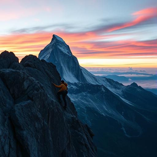 Person scaling a massive mountain symbolizing personal growth
