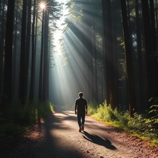 A serene forest pathway with an individual walking along symbolizing the journey of goal setting
