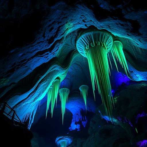 An alien-like cave scene with bioluminescent algae, symbolizing the hidden potential that can emerge from setbacks.