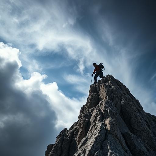 A climber ascending a weathered rocky mountain face, embodying perseverance
