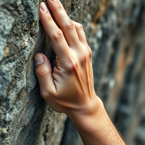 A close-up of a climber's hand gripping a rock, symbolizing determination