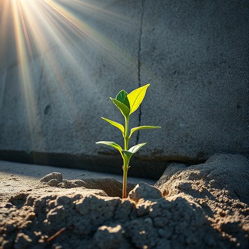 A small plant breaking through concrete with sunlight, symbolizing growth against odds