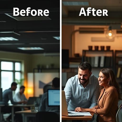 A side-by-side comparison image depicting the before and after of dynamic leadership