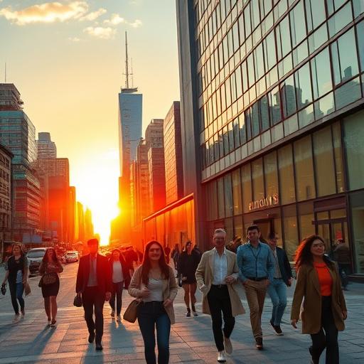 Vibrant sunrise casting golden light over a bustling city, symbolizing new beginnings