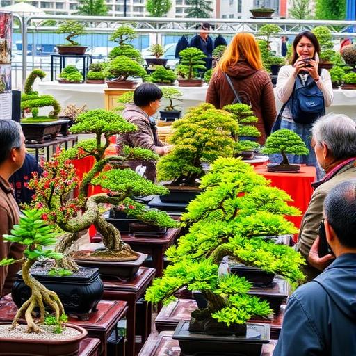 Vibrant bonsai festival scene illustrating collaborative support systems.