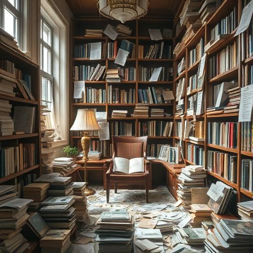 Library filled with disarrayed books and papers