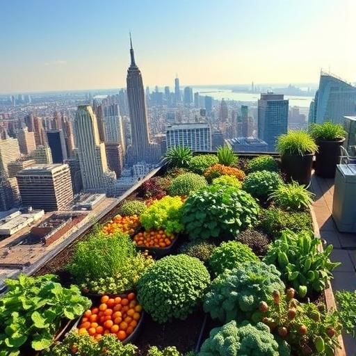 A lush rooftop garden symbolizing balance and wellness