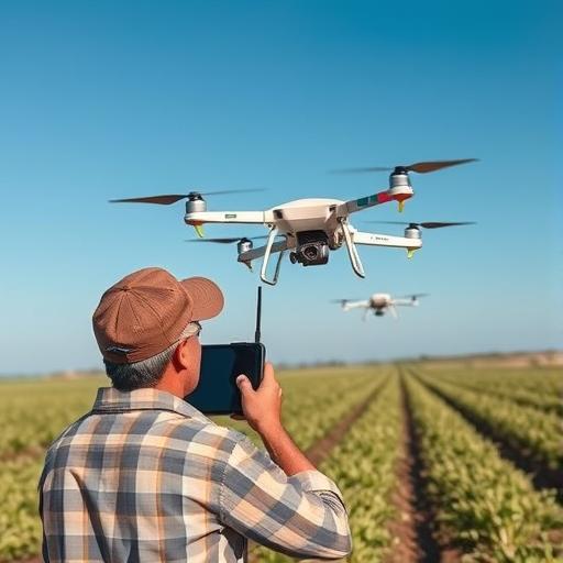 Farmer controlling drone swarm illustrating strategic multitasking