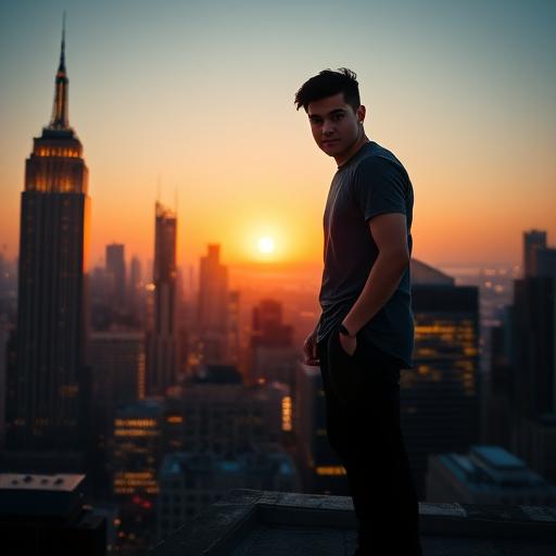 Person celebrating on rooftop overlooking a vibrant city skyline