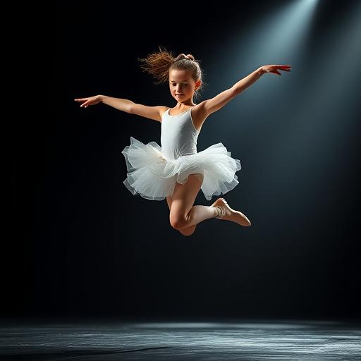 A young ballet dancer poised mid-leap