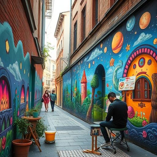 Serene whimsical scene of an artist visualizing dreams