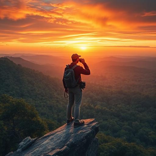 Explorer standing on a rocky peak ready to embrace challenges
