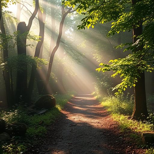 A tranquil forest path basked in soft morning light