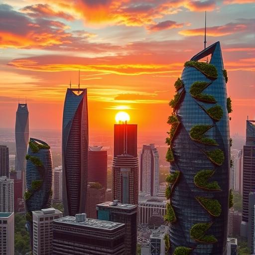 Futuristic cityscape covered in greenery illustrating growth over time