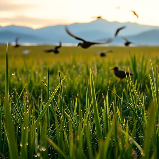 A meadow at dawn with dewdrops glistening on grass blades