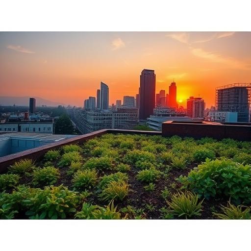 A sunset scene of a city skyline with a large green park