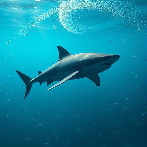 The silhouette of a great white shark gliding majestically