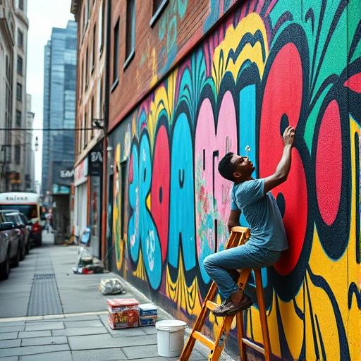 Vibrant urban street scene with a mural artist, symbolizing action and creativity