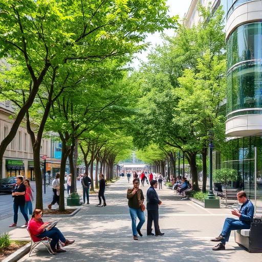 A bustling urban plaza lined with trees and businesses