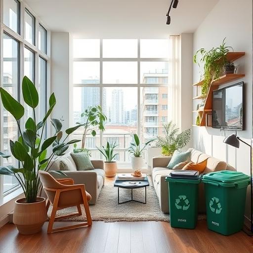 A modern urban apartment interior with eco-friendly furniture