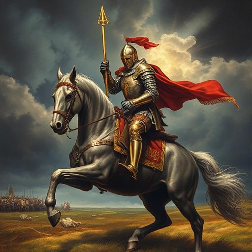 A historical painting of a medieval knight in gleaming armor