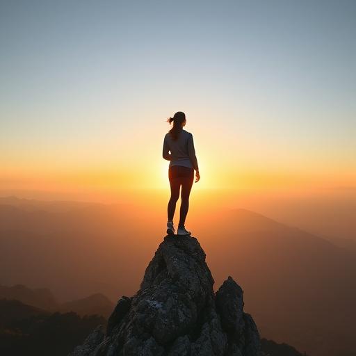 Person standing on mountain peak symbolizing potential