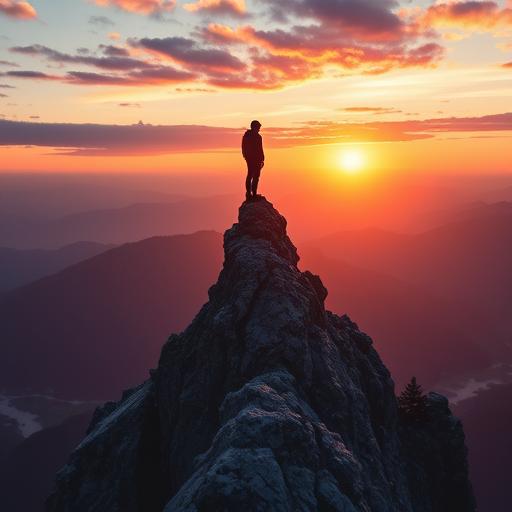 A solitary determined figure standing atop a mountain symbolizing conquering challenges