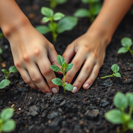 Hands planting a seedling representing reflection and growth