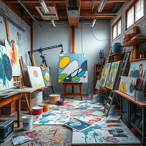 Artist's studio in disarray with paint splatters, visualizing creative discipline.