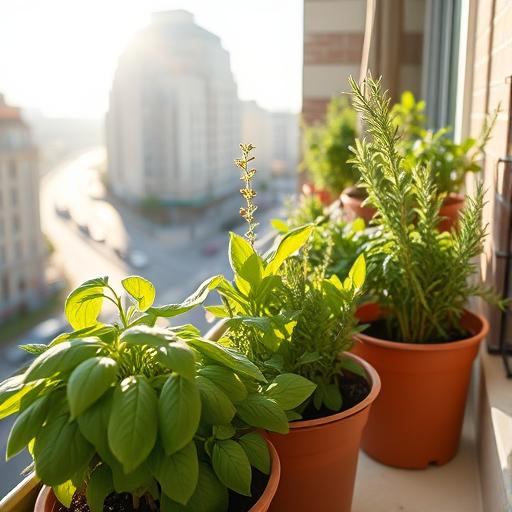 A close-up of an urban balcony herb garden, illustrating the importance of nurturing in community relationships.