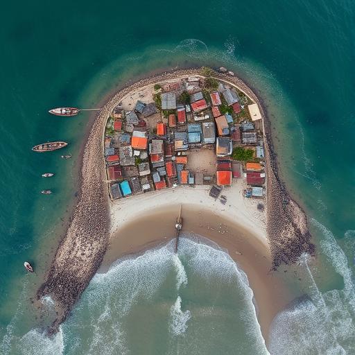 Aerial view of a bustling fishing village, representing the community aspect of self-acceptance.