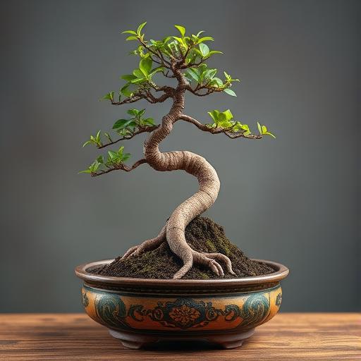 A young bonsai tree with twisted roots, depicting the importance of strong foundations.