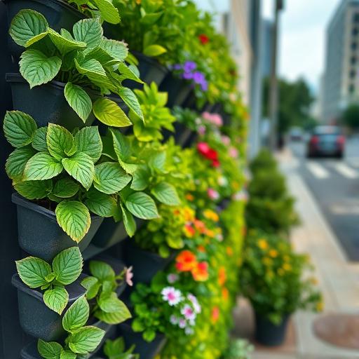 A close-up image of a vertical garden wall in an urban setting.