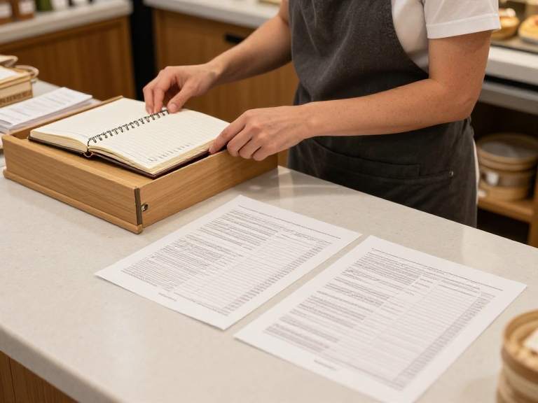 A small bakery owner named Dana in her kitchen. A notebook of sales and a drawer of receipts sit on the counter. On the table in front of her are clean, organized financial statement pages prepared by a CPA. Soft warm bakery lighting, sense of clarity and progress. Realistic style, warm neutral tones.