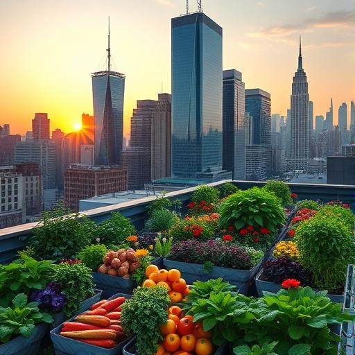 A rooftop garden in a bustling city showcasing growth and nature