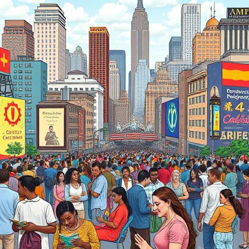 Diverse group in a vibrant cityscape symbolizing community and drive